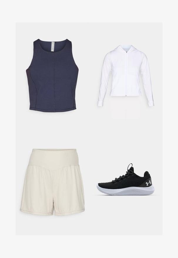 Valge, kerge pehmest materjalist tõmblukuga jakk, millel on kapuuts, pikad varrukad ja jõudnud disain. Valmistatud siledast, hingavast kangast, mis omab sujuvat viimistlust.; Tumesinine ilmavarrukatega crop top ümarate kaelustega, sile tekstuur ja nähtavad õmbluste detailid külgedel.; Heledad beežid lühikesed püksid, millel on tekstuuriga ribast vöökoht, voolav disain ja mugav lõige. Omavad tõmblustikku ja külgsluuke paindlikkuse jaoks.; Mustad mustren pruunid sportlikud kingad, millel on hingav võrgust pealis, tekstuuriga detailid ja valgest kummist talla. Omavad lapikuid paelu ja kandmismehhanismi.