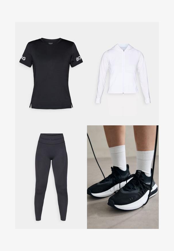 Hvit, lett zip-jakke med hette, lange ermer og figursydde detaljer. Laget av glatt, pustende stoff med en elegant overflate.; Svart T-skjorte med korte ermer laget av glatt stoff. Har rund hals og "BORG"-logo i hvitt på høyre erme.; Sorte tights med høy elastisk liv med teksten "UNDER ARMOUR". Glatt tekstur med subtile mønsteraccents langs beina.; Svarte treningssko med teksturert stoff, hvit såle og svarte snøringer. Brukt med hvite ribbestrikkede sokker, stående på en lys overflate.