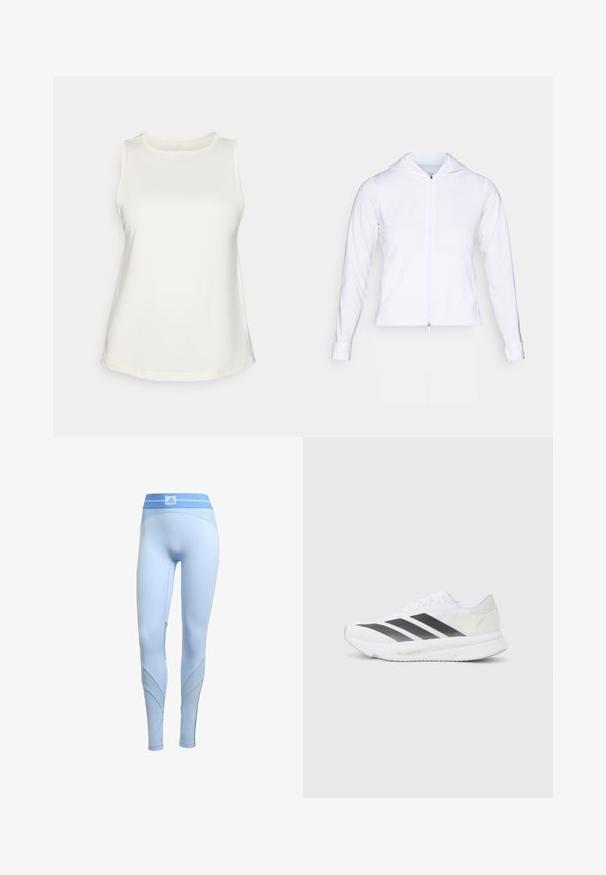 Weiße, leichte Zip-Jacke mit Kapuze, langen Ärmeln und tailliertem Design. Hergestellt aus glattem, atmungsaktivem Stoff mit einem eleganten Finish.; Ärmelloses weißes Top aus glattem Stoff mit rundem Halsausschnitt und geschwungenem Saum. Einfaches Design ohne Muster oder Verzierungen.; Helle blaue Sportleggings mit einem figurbetonten Design, ausgestattet mit gerippten Akzenten am Bund und an den Seiten sowie einer glatten Textur über die gesamte Länge.; Weißer Sportschuh mit schwarzen diagonalen Streifen, Mesh-Obermaterial, abgerundetem Zehenbereich und strukturiertem Profil. Akzente sind ein silberner Heel und ein minimalistisches Design.