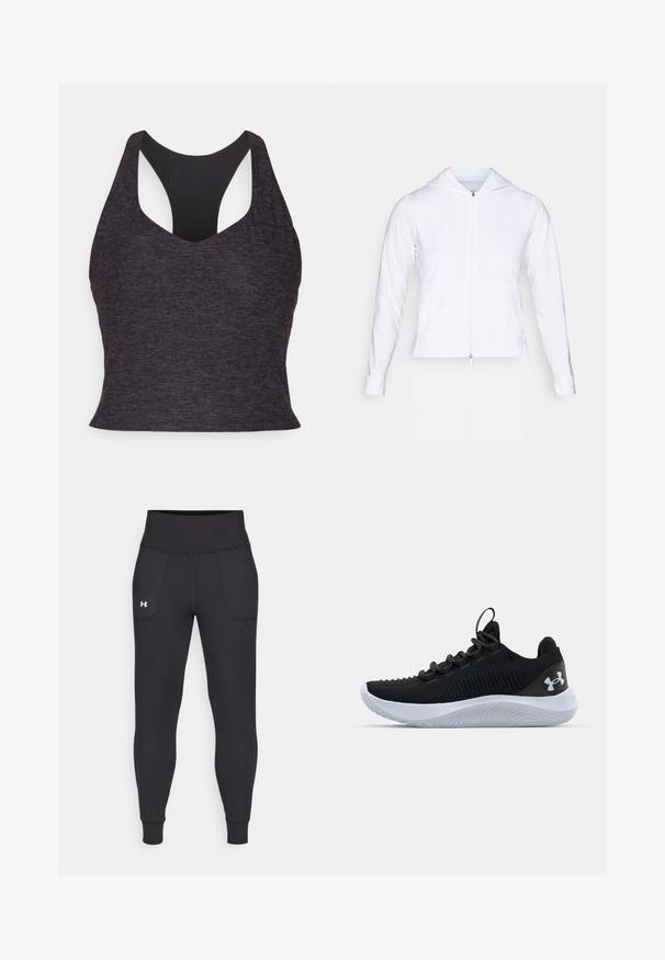 Balta, lengva užtrauktuko striukė su gobtuvu, ilgomis rankovėmis ir prigludusiu dizainu. Pagaminta iš lygaus, kvėpuojančio audinio su glotnia apdaila.; Tamsiai pilkas sportinis liemenėlė su lygiu paviršiumi, išsiskirianti plačia racerback dizainu ir giliu V formos iškirpimu, suteikiančiu papildomą paramą.; Juodos sportinės leginsai, pagaminti iš tamprių medžiagų, su aukštu juosmeniu, šoninėmis kišenėmis ir priglundančiomis blauzdų manžetėmis.; Juodi sportiniai batai su kvėpuojančia tinkline viršutine dalimi, tekstūruotais akcentais ir balto gumos padu. Yra lygios raišteliai ir užkulnio kilpa.