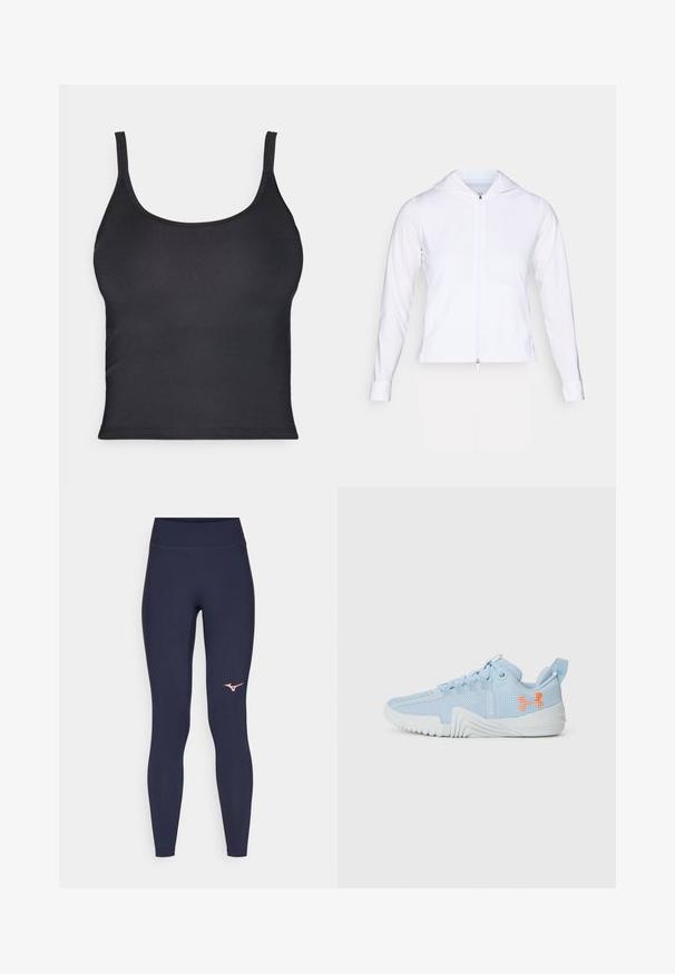 Bílá, lehká bunda na zip s kapucí, dlouhými rukávy a přiléhavým střihem. Vyrobena z hladké, prodyšné tkaniny s elegantním povrchem.; Černý přiléhavý top s tenkými ramínky, vyrobený z hladkého materiálu. Má kulatý výstřih a čisté, bezšvové okraje.; Námořnické modré legíny s vysokým pasem, vyrobené z elastického materiálu. Na dolní levé noze se nachází růžové logo. Hladký, těsně přiléhající design.; Světlomodrá sportovní bota vyrobená z prodyšného materiálu s texturovanou podrážkou, s oranžovým logem a šněrovacím designem.