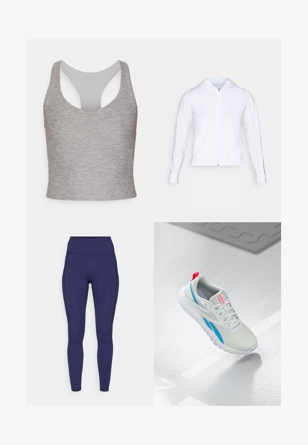 Jachetă albă, ușoară, cu fermoar și glugă, cu mâneci lungi și design ajustat. Confeționată dintr-un material neted, respirabil, cu un finisaj elegant.; Top gri fără mâneci, scurt, cu un guler rotund larg și un spate decupat. Confecționat dintr-un material moale, elastic, cu o textură netedă.; Leggings înalți de culoare bleumarin, confecționați dintr-un material elastic. Au cusături plate și un fit apropiat, cu două buzunare laterale pentru depozitare.; Sneaker Reebok alb și albastru cu un tab roșu plutind deasupra unei podele strălucitoare, cu un covoraș de cauciuc gri în apropiere.