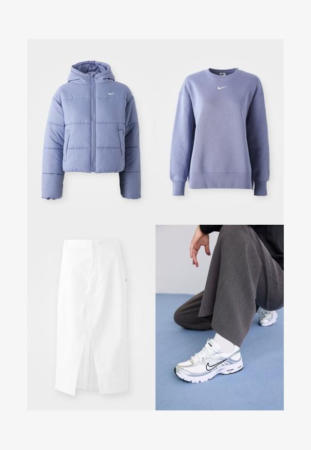 Afskåret pufferjakke i lys lavendel med hætte, frontlynlås og vandret syninger. Lomme på venstre side og Nike-logo som accent.; Lyse lilla crew-neck sweatshirt lavet af blødt stof; har ribstrikkede manchetter og kant med et lille hvidt Nike-logo på brystet.; Hvid midi-skjørt i bomuld med lige snit, sideslids og skjult lynlås. Glat tekstur, minimalistisk design og ingen synlige udsmykninger.; Hvide og sølv atletik sko med meshej og syntetiske materialer, der har sorte accentlinjer, snørebånd og strukturerede såler.