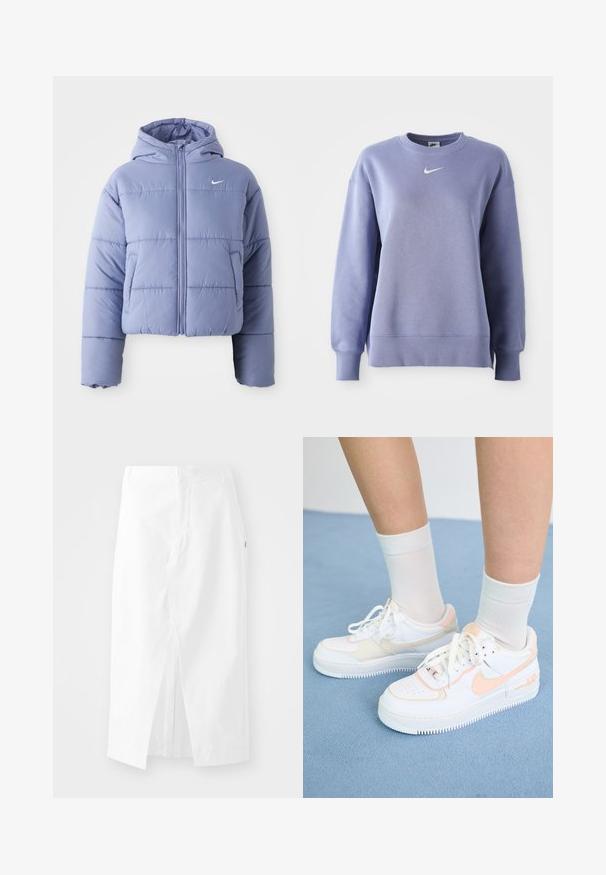 Lühike puffjakker helesinises värvitoonis, millel on kapuuts, eesmine tõmblukk ja horisontaalsed õmblused. Vasakul küljel on tasku ja Nike logo aktsent.; Heleda lilla, ringikrae sweatshirt pehmeast kangast; omab soonikute ja äärtega viimistlust ning rinnal väikest valget Nike logo.; Valge puuvillane midi seelik sirge lõikega, külgseHVähi ja peidetud tõmblukuga. Sile tekstuur, minimaalne disain ja nähtavat kaunistust ei ole.; Valged tossud virsiku aktsentidega, siledast nahast ülemine osa, perforatsiooni mustri pool, tekstureeritud talla ja paeltega. Kantud valgete lühikeste sokkidega sinisel pinnal.