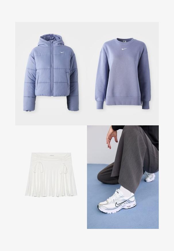 Saīsināta pūkaina jaka gaiši lavandas krāsā, ar kapuci, priekšējo rāvējslēdzēju un horizontālām šuvēm. Kreisajā pusē ir kabata un Nike logo akcents.; Gaiši violets, ar apaļu kakla izgriezumu, džemperis izgatavots no mīksta auduma; tam ir ribotas aproces un apakša, kā arī mazs balts Nike logo uz krūšu.; Baltā zvana formas svārki, izgatavoti no mīksta auduma, ar sakrātām sānu detaļām un regulējamiem saitēm, radot plūstošu siluetu.; Baltie un sudraba sporta apavi ar sieta un sintētiskajiem materiāliem, ar melniem akcentu līnijām, šņorēm un teksturētām zolem.