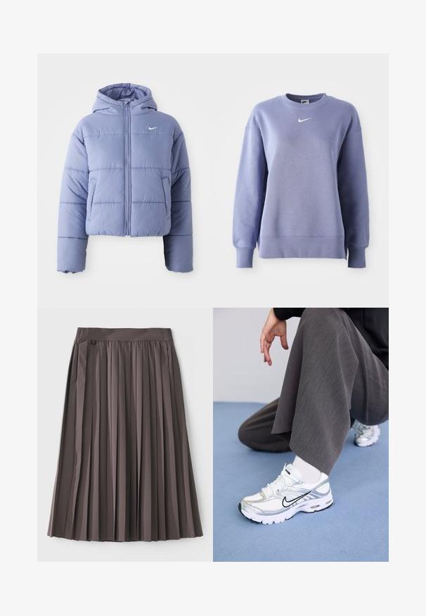 Cropped puffer jacket in light lavender, featuring a hood, front zipper, and horizontal stitching. Left side pocket and Nike logo accent.; Light purple, crew-neck sweatshirt made of soft fabric; features ribbed cuffs and hem with a small white Nike logo on the chest.; Pleated skirt in dark brown fabric with a smooth texture. Features a waistband with a fastening, symmetrical pleats, and a knee-length design.; White and silver athletic shoes with mesh and synthetic materials, featuring black accent lines, laces, and textured soles.