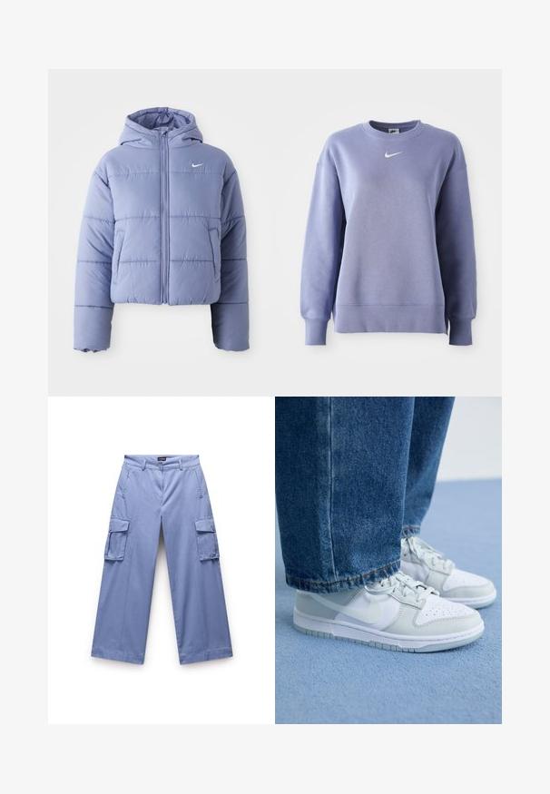 Lühike puffjakker helesinises värvitoonis, millel on kapuuts, eesmine tõmblukk ja horisontaalsed õmblused. Vasakul küljel on tasku ja Nike logo aktsent.; Heleda lilla, ringikrae sweatshirt pehmeast kangast; omab soonikute ja äärtega viimistlust ning rinnal väikest valget Nike logo.; Heledad sinine cargo püksid siledast kangast. Omavad kahte küljetaskut, lõdva istuvuse ja sirge jala disaini koos õmbluste detailidega.; Nike tossud valgest ja helesinisest nahast, millel on augulised varbakatted, tasased paelad ja kummist talla, koos siniste teksadega.