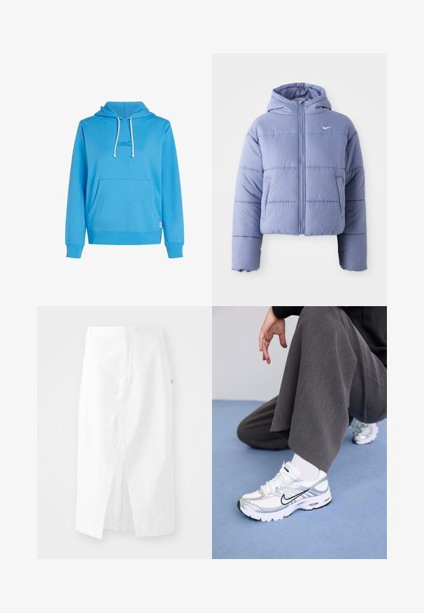 Chaqueta acolchada recortada en un suave color lavanda, con capucha, cierre frontal y costuras horizontales. Bolsillo en el lado izquierdo y acento del logo de Nike.; Sudadera azul hecha de tela suave, con un bolsillo frontal, capucha con cordones y un pequeño logo bordado. Puños y dobladillo acanalados.; Falda midi de algodón blanca con corte recto, abertura lateral y cremallera oculta. Textura suave, diseño minimalista y sin adornos visibles.; Zapatillas deportivas blancas y plateadas con materiales de malla y sintéticos, con líneas de acento negras, cordones y suelas texturizadas.