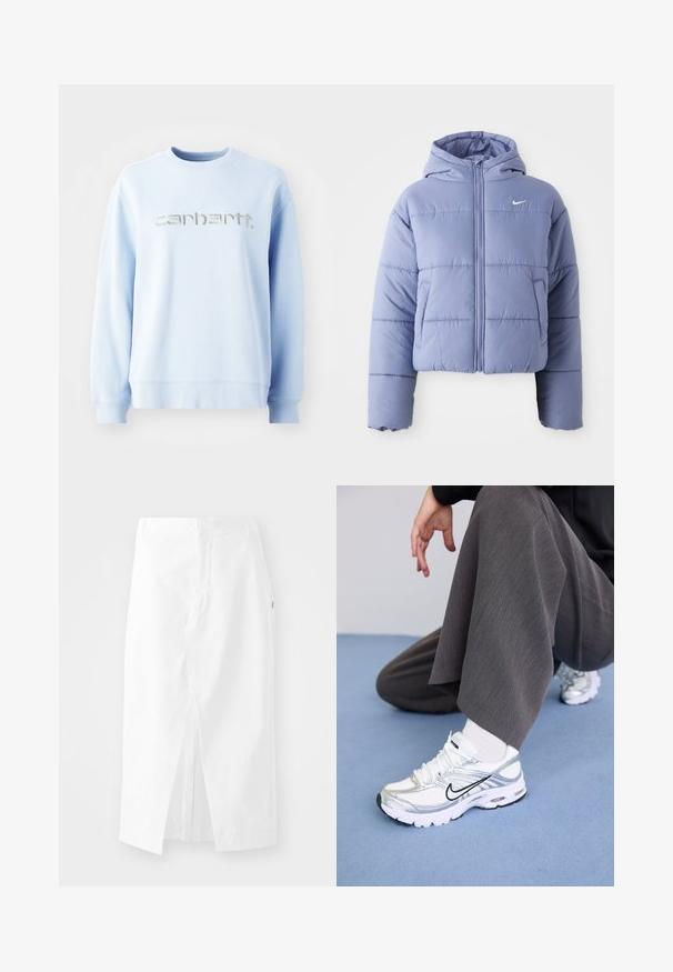 Casaco puffer corto em lavanda clara, com capuz, fecho éclair frontal e costuras horizontais. Bolso do lado esquerdo e logótipo da Nike.; Um sweatshirt de gola redonda azul claro feito de um tecido suave, com um destacável logotipo "carhartt" bordado em prata na frente.; Saia midi de algodão branca com corte reto, fenda lateral e fecho zíper oculto. Textura suave, design minimalista e sem embellishments visíveis.; Sapatilhas atléticas brancas e prateadas com materiais em malha e sintéticos, apresentando linhas de destaque pretas, atacadores e solas texturizadas.