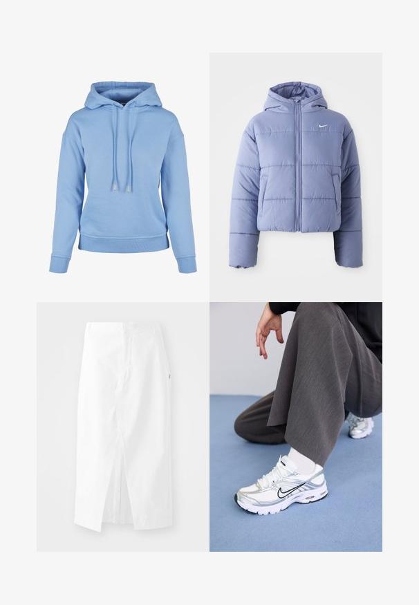 Rövidített puffertakaró világos levendula színben, kapucnival, elülső cipzárral és vízszintes varrásokkal. Bal oldali zseb és Nike logó díszítés.; Világoskék kapucnis pulóver, puha anyagból készült, zsinóros kapucnival, bordázott mandzsettákkal és aljjal, lazán illeszkedik és minimális részletezéssel bír.; Fehér pamut midi szoknya egyenes szabással, oldalsó hasítékkal és rejtett cipzárral. Sima textúra, minimalista dizájnelemek, és látható díszítések nélkül.; Fehér és ezüst sportcipők, hálós és szintetikus anyagokból, fekete díszítő vonalakkal, fűzővel és texturált talppal.