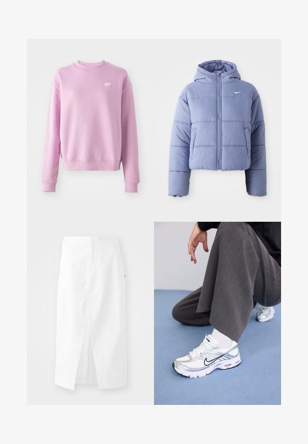 Rövidített puffertakaró világos levendula színben, kapucnival, elülső cipzárral és vízszintes varrásokkal. Bal oldali zseb és Nike logó díszítés.; Rózsaszín pulóver kerek nyakkivágással, bordás mandzsettákkal és aljjal, valamint egy kis fehér logóval a bal mellkasnál. Puha anyag és lazán szabott fazon.; Fehér pamut midi szoknya egyenes szabással, oldalsó hasítékkal és rejtett cipzárral. Sima textúra, minimalista dizájnelemek, és látható díszítések nélkül.; Fehér és ezüst sportcipők, hálós és szintetikus anyagokból, fekete díszítő vonalakkal, fűzővel és texturált talppal.