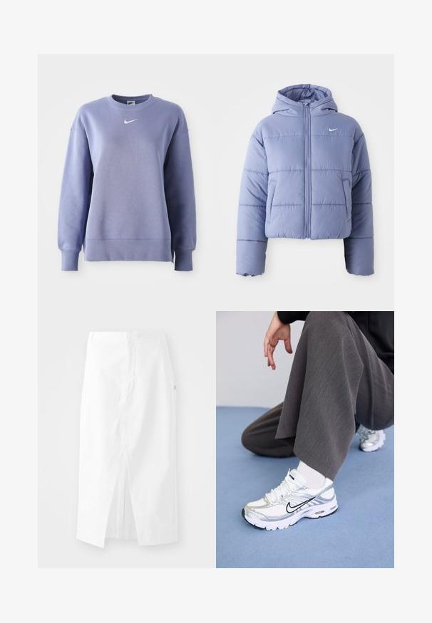 Šviesiai levandų spalvos trumpas pūkinis jakas su kapisonu, priekiniais užtrauktukais ir horizontaliais siūlais. Kairėje pusėje kišenė ir Nike logotipo akcentas.; Šviesiai violetinė apvalios iškirptės džemperis, pagamintas iš minkštos medžiagos; turi raukšlėtus rankogalius ir apačią, ant krūtinės puikuojasi mažas baltas Nike logotipas.; Balta medvilninė midi sijonas su tiesia iškirpte, šonine skeltimi ir paslėptu užtrauktuku. Lygus paviršius, minimalus dizainas ir be matomų dekoracijų.; Balti ir sidabriniai sportiniai batai su tinklelio ir sintetinėmis medžiagomis, turintys juodus akcentus, raištelius ir tekstūruotus padais.