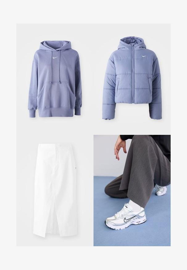 Casaco puffer corto em lavanda clara, com capuz, fecho éclair frontal e costuras horizontais. Bolso do lado esquerdo e logótipo da Nike.; Capuz Nike lilás claro feito de tecido macio, com um bolso frontal, capuz com cordão e um pequeno logótipo branco no peito.; Saia midi de algodão branca com corte reto, fenda lateral e fecho zíper oculto. Textura suave, design minimalista e sem embellishments visíveis.; Sapatilhas atléticas brancas e prateadas com materiais em malha e sintéticos, apresentando linhas de destaque pretas, atacadores e solas texturizadas.