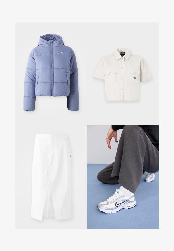 Zkrácená péřová bunda ve světle levandulové barvě, s kapucí, předním zipem a horizontálním prošíváním. Levý kapsa a akcent s logem Nike.; Krátký rukáv, zkrácená bílá košile vyrobená z bavlny, se dvěma kapsami na hrudi, zapínáním na knoflíky vpředu a logem na levé kapse.; Bílá bavlněná midi sukně s rovnými liniemi, bočním rozparkem a skrytým zipem. Hladká textura, minimalistický design a žádné viditelné ozdoby.; Bílé a stříbrné sportovní boty vyrobené z prodyšných a syntetických materiálů, s černými akcenty, tkaničkami a texturovanou podrážkou.