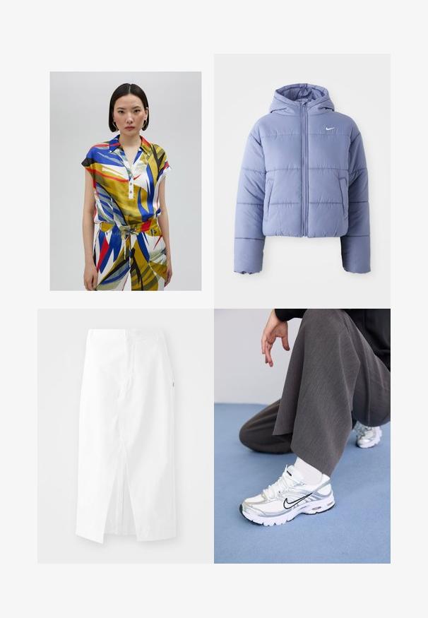 Gekürzte Steppjacke in hellem Lavendel, ausgestattet mit einer Kapuze, Frontreißverschluss und horizontalen Nähten. Linke Seitentasche und Nike-Logo-Akzent.; Bunt gemusterte Kurzarmbluse aus Seide mit Kragen, Knopfleiste und abstrakten Mustern in Blau, Rot und Gelb.; Weißer Baumwoll-Midi-Rock mit geradem Schnitt, seitlichem Schlitz und verdecktem Reißverschluss. Glatte Textur, minimales Design und keine sichtbaren Verzierungen.; Weiße und silberne Sportschuhe aus Mesh- und Synthetikmaterialien, mit schwarzen Akzentlinien, Schnürsenkeln und strukturierten Sohlen.