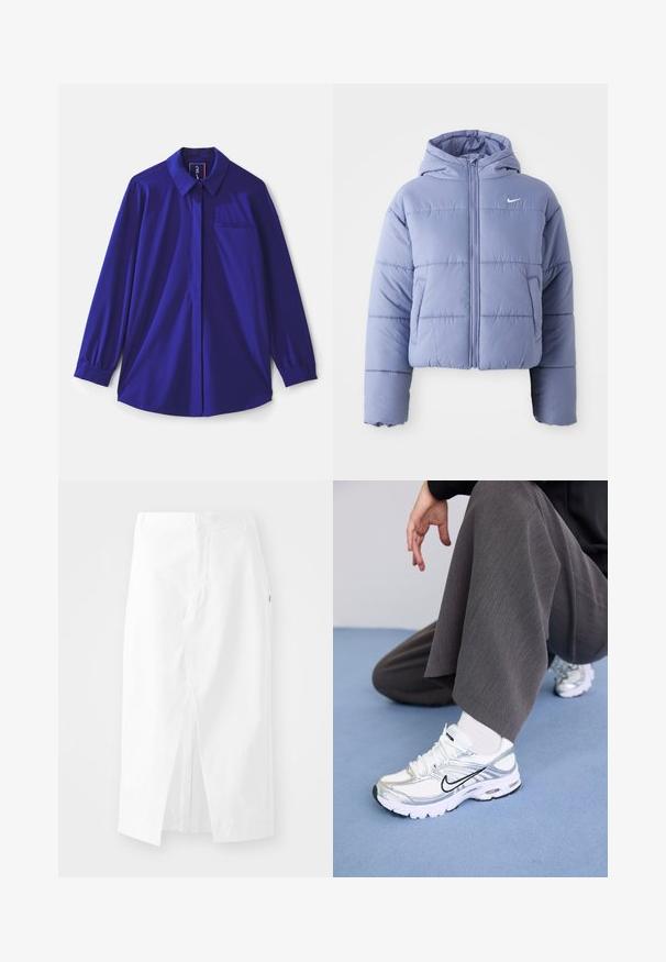 Cropped puffer jacket in light lavender, featuring a hood, front zipper, and horizontal stitching. Left side pocket and Nike logo accent.; Long-sleeve, royal blue shirt with a classic collar, single chest pocket, and elasticated cuffs, made of lightweight fabric.; White cotton midi skirt with a straight cut, side slit, and concealed zipper. Smooth texture, minimal design features, and no visible embellishments.; White and silver athletic shoes with mesh and synthetic materials, featuring black accent lines, laces, and textured soles.