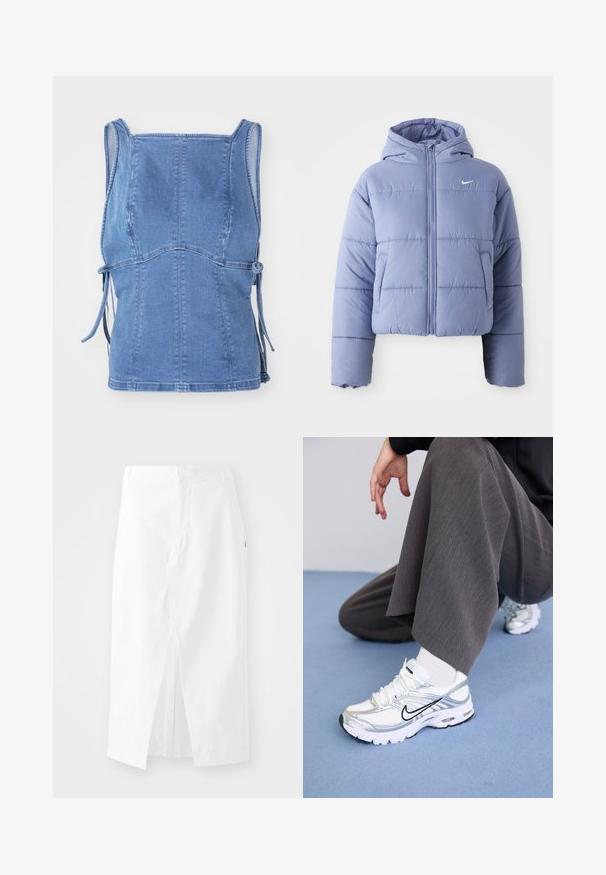 Zkrácená péřová bunda ve světle levandulové barvě, s kapucí, předním zipem a horizontálním prošíváním. Levý kapsa a akcent s logem Nike.; Džínová blůza ve světle modré barvě, s těsným střihem, širokými ramínky, bočními zavazováním a švy pro strukturovaný vzhled.; Bílá bavlněná midi sukně s rovnými liniemi, bočním rozparkem a skrytým zipem. Hladká textura, minimalistický design a žádné viditelné ozdoby.; Bílé a stříbrné sportovní boty vyrobené z prodyšných a syntetických materiálů, s černými akcenty, tkaničkami a texturovanou podrážkou.
