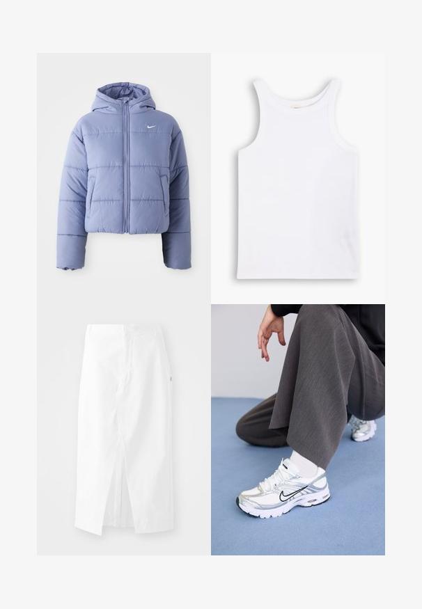 Saīsināta pūkaina jaka gaiši lavandas krāsā, ar kapuci, priekšējo rāvējslēdzēju un horizontālām šuvēm. Kreisajā pusē ir kabata un Nike logo akcents.; Balts kokvilnas topiņš ar platām plecu siksnām, apaļu kakla izgriezumu un gludu, ribotu tekstūru. Nav nekādu rakstu vai akcentu.; Balta kokvilnas midi svārki ar taisnu griezumu, sānu iegriezumu un slēptu rāvējslēdzēju. Gluda tekstūra, minimāla dizaina iezīmes un nav pamanāmu rotājumu.; Baltie un sudraba sporta apavi ar sieta un sintētiskajiem materiāliem, ar melniem akcentu līnijām, šņorēm un teksturētām zolem.