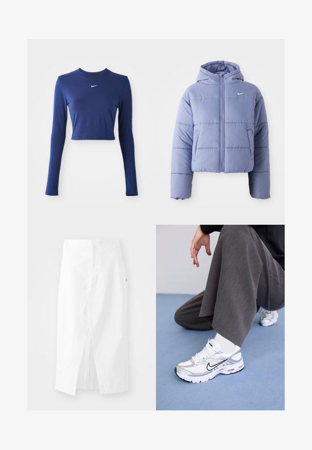 Kratka pufasta jakna u svijetloj lavandi, s kapuljačom, prednjim patentnim zatvaračem i horizontalnim šavovima. Džep na lijevoj strani i akcent Nike logotipa.; Tamno plavi dugih rukava crop top od glatke tkanine, s okruglim izrezom i malim bijelim Nike logom na prsima.; Bijela pamučna midi suknja ravnog kroja, s bočnim prorezom i skrivenim zatvaračem. Glatka tekstura, minimalan dizajn i bez vidljivih ukrasa.; Bijele i srebrne atletske tenisice od mrežastih i sintetičkih materijala, s crnim naglascima, vezicama i teksturiranim potplatima.