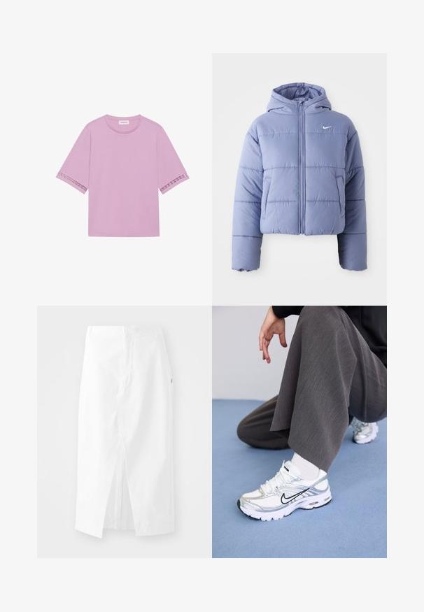 Šviesiai levandų spalvos trumpas pūkinis jakas su kapisonu, priekiniais užtrauktukais ir horizontaliais siūlais. Kairėje pusėje kišenė ir Nike logotipo akcentas.; Rožinė trumpa rankovė marškinėliai, pagaminti iš minkštos medžiagos, su nėriniuotu apdailos kraštu ant rankovių ir klasikiniu apvaliu iškirpimu.; Balta medvilninė midi sijonas su tiesia iškirpte, šonine skeltimi ir paslėptu užtrauktuku. Lygus paviršius, minimalus dizainas ir be matomų dekoracijų.; Balti ir sidabriniai sportiniai batai su tinklelio ir sintetinėmis medžiagomis, turintys juodus akcentus, raištelius ir tekstūruotus padais.