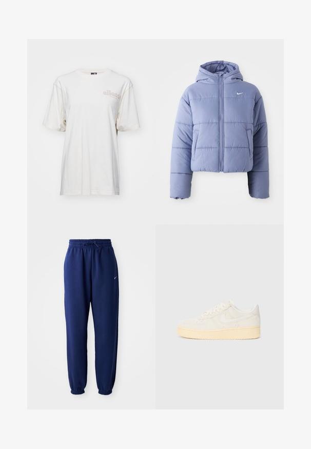 Cropped puffer jacket in light lavender, featuring a hood, front zipper, and horizontal stitching. Left side pocket and Nike logo accent.; White short-sleeve T-shirt made of cotton. Features a crew neck, relaxed fit, and a light-toned logo printed on the front.; Navy blue sweatpants made of soft fabric, featuring an elastic waistband with drawstring, elastic cuffs, and a small white logo.; White sneaker with textured upper, rounded toe, and yellow-tinted rubber sole. Features a subtle logo and lace-up closure.