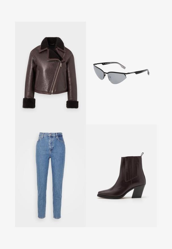 Brun læderkort jakke med faux pelskrave, lynlåslukning og shearlingmanchetter. Har et asymmetrisk design og struktureret finish.; Sort langærmet top med off-the-shoulder halsudskæring, glat stof, tætsiddende design og sømløs kant. Enkel og minimalistisk stil.; Blå højtaljede lige jeans med frontknap og lynlås, bæltestropper og lommer, præsenteret på en ensfarvet hvid baggrund.; Mørkebrune læderankelstøvler med spidse tær, lodrette ribbede detaljer på siden og en mellemhøj blokhæl.; Sorte solbriller med vinkelret, katteøje-design. Sølvfarvede spejllinser. Slanke, lette plastikstel med subtil branding på stængerne.