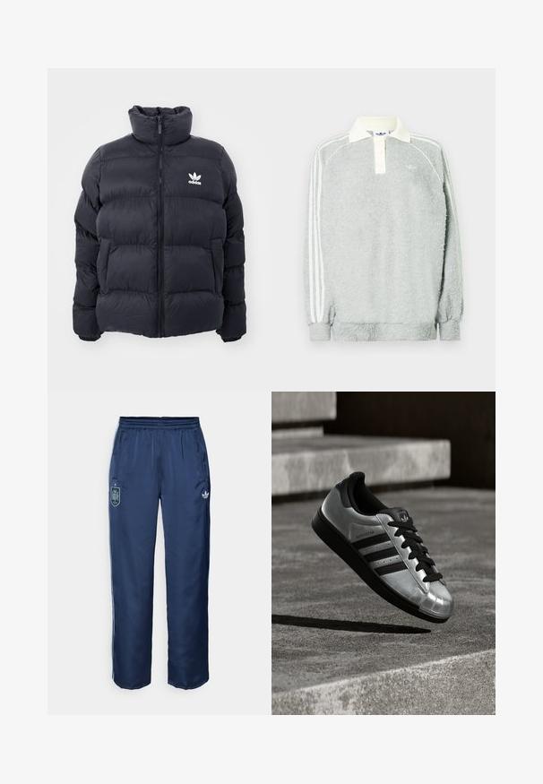 Casaco puffer azul marinho com gola alta, fecho de zip e logotipo branco da Adidas no peito. Apresenta painéis cosidos e uma textura suave e brilhante.; Polo de manga longa cinza em fleece com colarinho creme, três botões e riscas brancas ao longo das mangas. Textura suave em todo o material.; Calças desportivas azul marinho com cintura elástica, bolsos laterais e logótipo branco da Adidas. Apresenta um emblema da Espanha na coxa esquerda. Textura suave.; Sapatilha prateada com sola de borracha preta, atacadores pretos e três riscas pretas. Apresenta um acabamento metálico e design clássico com biqueira reforçada.