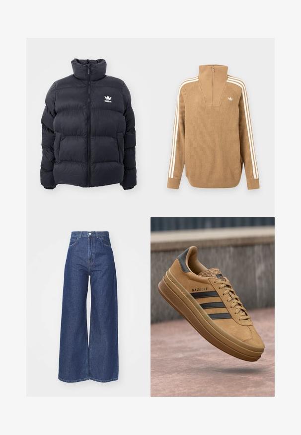Casaco puffer azul marinho com gola alta, fecho de zip e logotipo branco da Adidas no peito. Apresenta painéis cosidos e uma textura suave e brilhante.; Pulôver castanho com costelas, colarinho alto e meio fecho, apresentando três riscas brancas ao longo das mangas e um pequeno logótipo no peito.; Jeans de perna larga feitos de denim azul escuro. Design de cintura alta com fecho de zip e botão. Apresenta o estilo clássico de cinco bolsos e bordas com bainha.; Tênis de camurça bege com uma textura suave, apresentando três riscas escuras, um bico arredondado e uma sola mais grossa com uma borda padronizada.