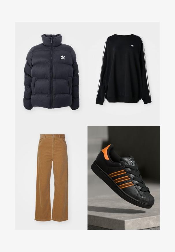 Navy puffer jacket with high collar, zip closure, and white Adidas logo on the chest. Features stitched panels and a smooth, shiny texture.; Black oversized sweatshirt in soft fabric, featuring white stripes along the sleeves and a small logo on the chest. Round neckline.; Brown corduroy wide-leg pants with a subtle ribbed texture, featuring a front button closure and pockets on the sides.; Black sneaker with orange accents, three horizontal stripes, textured leather upper, rubber toe cap, and black laces.