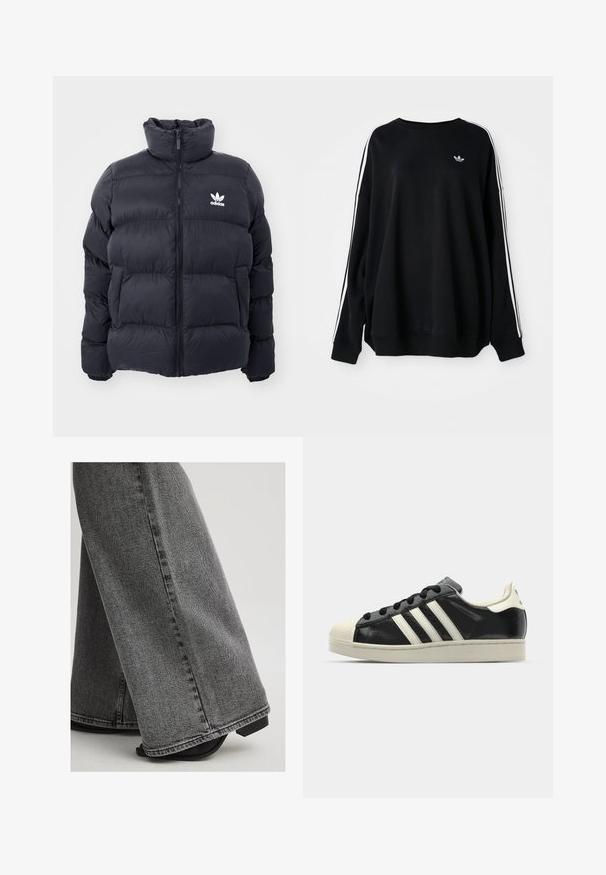 Jūrinės spalvos pūkinė striukė su aukštu apykakle, užtrauktuku ir baltu Adidas logotipu ant krūtinės. Yra siūti šoniniai panelei ir lygus, blizgus paviršius.; Juodas per didelis džemperis iš minkštos medžiagos, su baltais dryžiais palei rankoves ir mažu logotipu krūtinėje. Apvalus iškirpimas.; Plačios džinsinės kelnės tamsiai pilko džinsinio audinio, pasižyminčios lygiu paviršiumi, matomais siūlėmis ir švariais kraštais. Derinamos su juodomis aukštakulnėmis sandalais.; Juodi odiniai sportiniai bateliai su baltais dryžiais, guminis toe kapas, juodi raišteliai ir kreminis padas. Lygus pavirčius su blizgiu finišu.