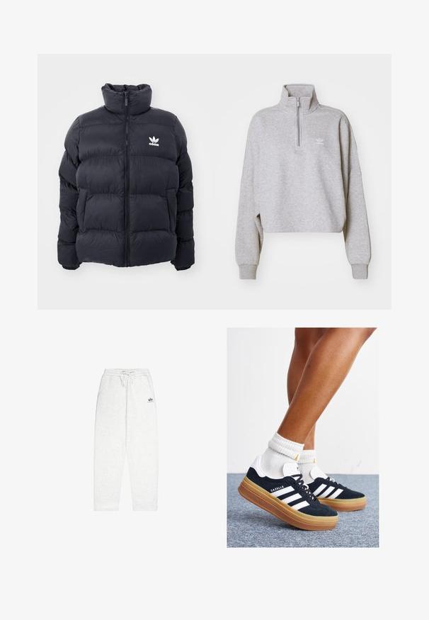 Tengerész kék puffertöltött dzseki magas gallérral, cipzáros záródással és fehér Adidas logóval a mellkasán. Jellemzője a tűzött panelek és a sima, fényes textúra.; Szürke cropped kapucnis pulóver magas gallérral, félig zippes és laza ujakkal. A mellrészen egy apró fehér logó található. Puha anyagból készült.; Világosszürke, puha anyagból készült melegítőnadrág, elasztikus derékpánttal és húzózsinórral, oldalsó zsebekkel és egy kis logóval az elején.; Fekete velúr sportcipő fehér csíkokkal és díszítésekkel, lekerekített orral, gumitalpú külső résszel, fehér bordázott bokazoknival párosítva.