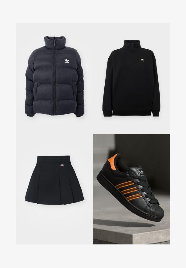 Mornarska puhovka z visokim ovratnikom, zadrgo in belim logotipom Adidas na prsih. Ima šivane panele in gladko, sijočo teksturo.; Črn pulover s četrtinskim zadrgo iz mehke tkanine, z visokim ovratnikom, rebrastimi manšetami in majhnim belim logotipom Adidas na prsih.; Črna plisirana krila z ravnim pasom, opremljena z majhno oznako logotipa. Gladka tkanina in razširjena oblika, ki se razteza do sredine stegna.; Črne športne copate z oranžnimi akcenti, tremi vodoravnimi črtami, zgornjim delom iz teksturirane usnjene tkanine, gumijastim zaščitnim pokrovom za prste in črnimi vezalkami.