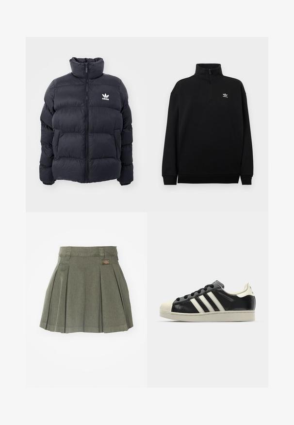 Tengerész kék puffertöltött dzseki magas gallérral, cipzáros záródással és fehér Adidas logóval a mellkasán. Jellemzője a tűzött panelek és a sima, fényes textúra.; Fekete negyedcipzáras pulóver puha anyagból, magas gallérral, bordázott mandzsettákkal és a mellkason egy kis fehér Adidas logóval.; Olíva zöld, redőzött szoknya. Texturált anyagból készült, derékpánttal és logóval az elején. Több darázsredő jellemzi.; Fekete bőrsneaker fehér csíkokkal, gumírozott orral, fekete fűzővel és krém színű talppal. Simaság és fényes felület jellemzi.