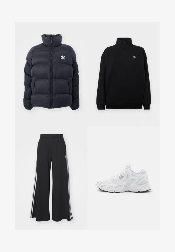 Navy puffer jacket with high collar, zip closure, and white Adidas logo on the chest. Features stitched panels and a smooth, shiny texture.; Black quarter-zip sweatshirt made of soft fabric, featuring a high collar, ribbed cuffs, and a small white Adidas logo on the chest.; Black wide-leg sweatpants with an elastic waistband, featuring white side stripes and an embroidered logo on the left thigh.; White athletic shoes with a mesh upper, textured design, rounded toe, padded collar, and rubber sole with a black accent.