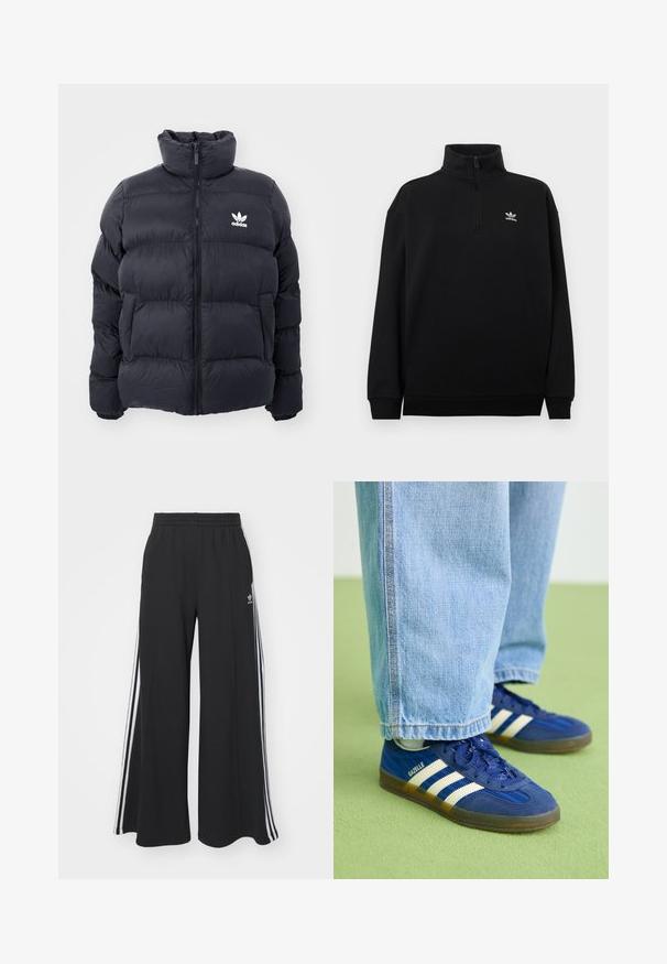 Námořnická puffer bunda s vysokým límcem, zipovým zapínáním a bílým logem Adidas na hrudi. Obsahuje prošité panely a hladký, lesklý povrch.; Černá mikina s čtvrtzipem z měkké látky, s vysokým límcem, žebrovanými manžetami a malým bílým logem Adidas na prsou.; Černé pohodlné tepláky širokého střihu s elastickým pasem, na boční straně s bílými pruhy a vyšitým logem na levé stehně.; Modré semišové tenisky s bílými pruhy a texturovanými vzory, obuté s světle modrými džíny, na zeleném pozadí.