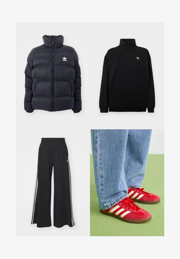 Casaco puffer azul marinho com gola alta, fecho de zip e logotipo branco da Adidas no peito. Apresenta painéis cosidos e uma textura suave e brilhante.; Sweatshirt preta com fecho de meio zíper, feita de tecido macio, apresentando uma gola alta, punhos canelados e um pequeno logótipo branco da Adidas no peito.; Calças de suor largas e pretas com uma cintura elástica, apresentando riscas brancas nas laterais e um logótipo bordado na coxa esquerda.; Tênis de camurça vermelhos com três riscas brancas, biqueira redonda e sola texturizada, combinados com jeans de ganga azul claro em um fundo verde.