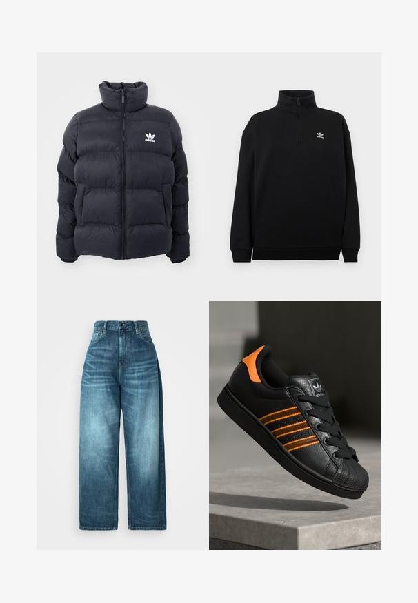 Navy puffer jacket with high collar, zip closure, and white Adidas logo on the chest. Features stitched panels and a smooth, shiny texture.; Black quarter-zip sweatshirt made of soft fabric, featuring a high collar, ribbed cuffs, and a small white Adidas logo on the chest.; High-waisted wide-leg jeans in medium blue denim, featuring a faded wash, traditional pocket design, and a button front closure.; Black sneaker with orange accents, three horizontal stripes, textured leather upper, rubber toe cap, and black laces.