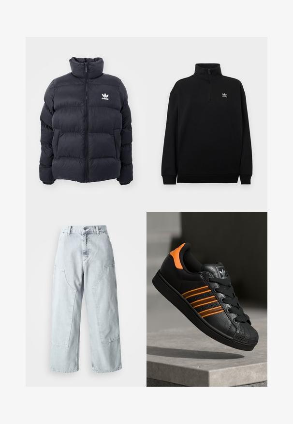 Tengerész kék puffertöltött dzseki magas gallérral, cipzáros záródással és fehér Adidas logóval a mellkasán. Jellemzője a tűzött panelek és a sima, fényes textúra.; Fekete negyedcipzáras pulóver puha anyagból, magas gallérral, bordázott mandzsettákkal és a mellkason egy kis fehér Adidas logóval.; Világoskék farmer széles lábú nadrág, nagy oldalzsebekkel, magas derékkal és laza szabással. Megkopott textúra, elhalványult hatással.; Fekete sportcipő narancssárga részletekkel, három vízszintes csíkkal, texturált bőr felsőrésszel, gumis orral és fekete fűzőkkel.