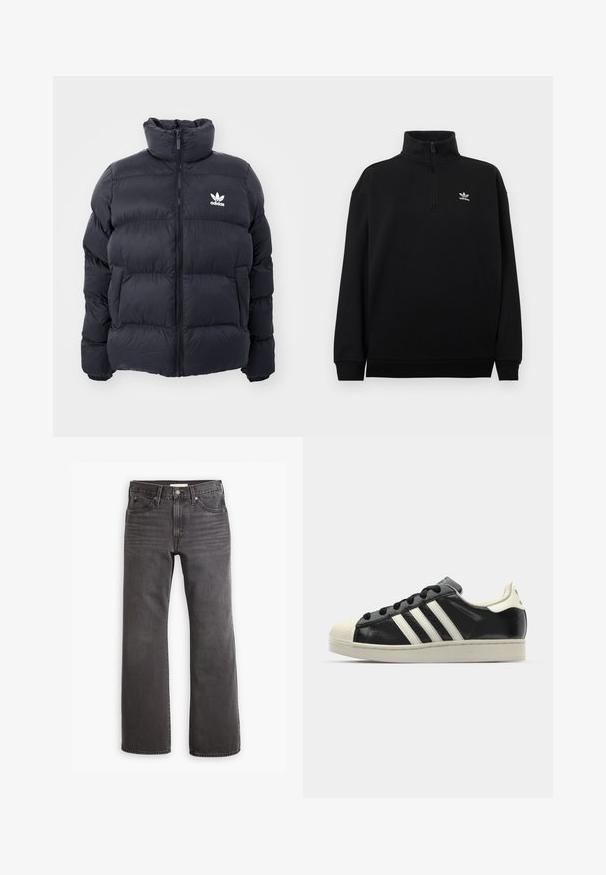 Tummansininen puffer-takki, jossa on korkea kaulus, vetoketjusuljenta ja valkoinen Adidas-logo rinnassa. Takissa on ommeltuja paneeleja ja sileä, kiiltävä pinta.; Musta puolivetoketjullinen collegepaita pehmeästä kankaasta, jossa on korkea kaulus, resorireunaiset hihansuut ja pieni valkoinen Adidas-logo rinnassa.; Harmaat farkut suoran leikkauksen, viiden taskun muotoilun ja metallisten yksityiskohtien kanssa. Sileä rakenne, jossa on hienovaraisia haalistumia edessä.; Musta nahkasneakeri, jossa on valkoiset raidat, kuminen varvassuoja, mustat nauhat ja kermaisa ulkopohja. Suora pinta ja kiiltävä viimeistely.