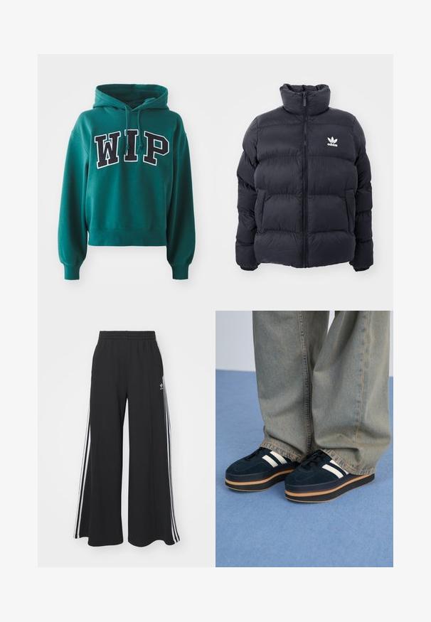 Doudoune marine avec col haut, fermeture éclair et logo Adidas blanc sur la poitrine. Présente des panneaux cousus et une texture lisse et brillante.; Haut court vert avec capuche à cordon. Présente des lettres « WIP » en gras noir et blanc sur le devant. Tissu doux avec des poignets côtelés.; Pantalons de survêtement larges noirs avec une taille élastique, présentant des rayures blanches sur les côtés et un logo brodé sur la cuisse gauche.; Baskets plateforme en suédine bleu foncé avec des rayures blanches et des lacets noirs. Dotées d'une épaisse semelle en caoutchouc brun. Portées avec un pantalon en denim bleu clair.