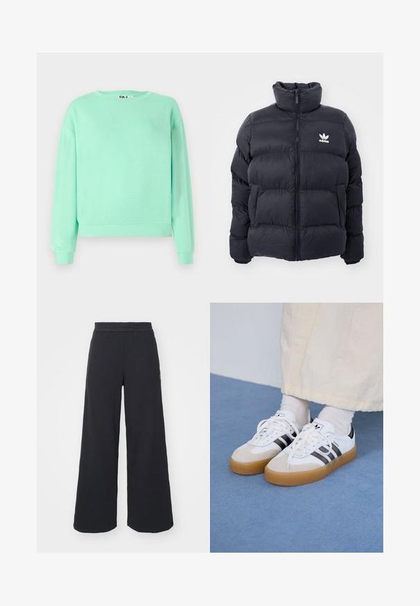 Jūras zils pūkains jaka ar augstu apkakli, rāvējslēdzēja aizdari un balto Adidas logo uz krūtīm. Iekļauj izšūtas paneļus un gludu, spīdīgu tekstūru.; Piparmētru zaļš džemperis, ar apaļu kakla izgriezumu, garām piedurknēm, ribota aproce, mīksta auduma, ar smalku izšuvumu uz krūtīm.; Melni platās svārku bikses, izgatavotas no mīksta auduma, ar elastīgu jostas daļu un mazu logotipu kreisajā pusē.; Baltas sporta apavi ar melnām svītrām un beisīgo zamšādu akcentiem. Ievies struktūrētu gumijas zoli un izkārtotas baltas šnerves, valkāti ar gaišiem zeķēm.