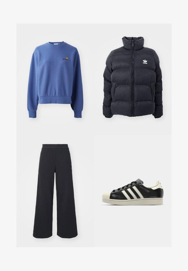 Marinblå pufferjacka med hög krage, dragkedjestängning och vitt Adidas-logotyp på bröstet. Har sydda paneler och en slät, glansig yta.; Blå sweatshirt i bomullsblandning med rundad halsringning och ribbade muddar. Broderad logga på bröstet i orange och röd.; Svarta vida sweatpants tillverkade av mjukt tyg, med ett elastiskt midjeband och en liten logotyp på vänster sida.; Svart lädersneaker med vita ränder, gummitåhätta, svarta snören och en krämfärgad sula. Slät textur med blank yta.