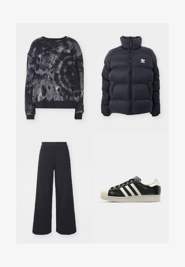 Jūras zils pūkains jaka ar augstu apkakli, rāvējslēdzēja aizdari un balto Adidas logo uz krūtīm. Iekļauj izšūtas paneļus un gludu, spīdīgu tekstūru.; adidas Originals Ikdienas džemperis - black/multicolor; Melni platās svārku bikses, izgatavotas no mīksta auduma, ar elastīgu jostas daļu un mazu logotipu kreisajā pusē.; Melna ādas sporta apava ar baltām svītrām, gumijas purngala aizsardzību, melnām auklām un krēma krāsas zoli. Gluda tekstūra ar spīdīgu apdari.