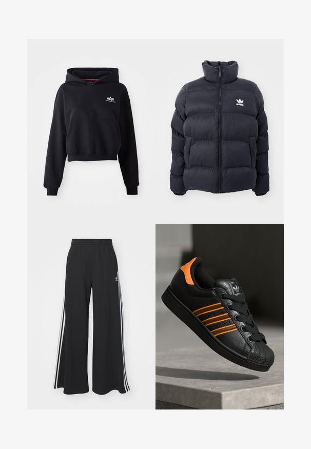 Giacca puffer blu navy con colletto alto, chiusura con zip e logo Adidas bianco sul petto. Presenta pannelli cuciti e una texture liscia e lucida.; Felpa corta nera realizzata in tessuto morbido, con tasca anteriore, cappuccio con coulisse e un piccolo logo bianco sul petto.; Pantaloni in felpa neri a gamba larga con vita elastica, dotati di strisce bianche sui lati e un logo ricamato sulla coscia sinistra.; Sneaker nera con accenti arancioni, tre strisce orizzontali, parte superiore in pelle texture, punta in gomma e lacci neri.