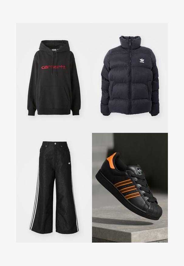 Marineblå pufferjakke med høy krage, glidelås og hvit Adidas-logo på brystet. Har sømmerte paneler og en glatt, blank tekstur.; Svart hettegenser laget av bomullsblanding, med en frontlomme, ribbede mansjetter og en rød brodert "carhartt" logo på brystet.; Sorte vide benbukser med tre hvite striper på hver side og en liten hvit logo. Har frontlommer og knappelukking.; Svart sneaker med oransje detaljer, tre horisontale striper, teksturert skinnoverdel, gummitå, og svarte lisser.