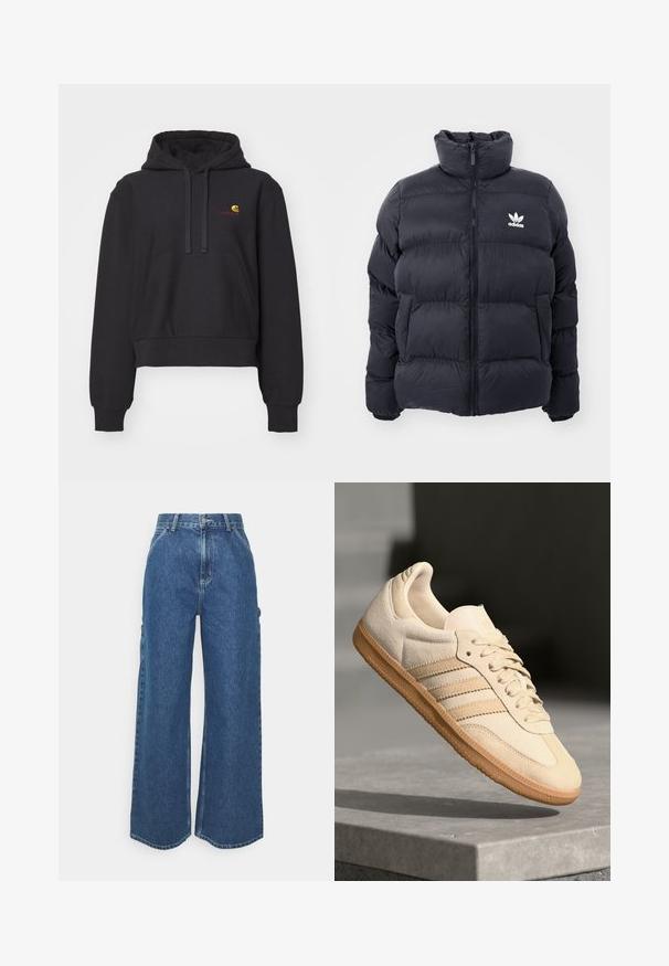 Doudoune marine avec col haut, fermeture éclair et logo Adidas blanc sur la poitrine. Présente des panneaux cousus et une texture lisse et brillante.; Hoodie noir court en tissu doux, avec une poche kangourou, une capuche à cordon de serrage et un logo brodé en jaune et rouge.; Pantalons en denim bleu à jambes larges avec taille haute, couture contrastée et poches latérales, présentant un design classique à cinq poches et des ourlets bruts.; Sneaker en suède beige clair avec semelle en gomme, trois rayures diagonales et un capuchon de pied texturé. Logo sur la languette et sur le côté.