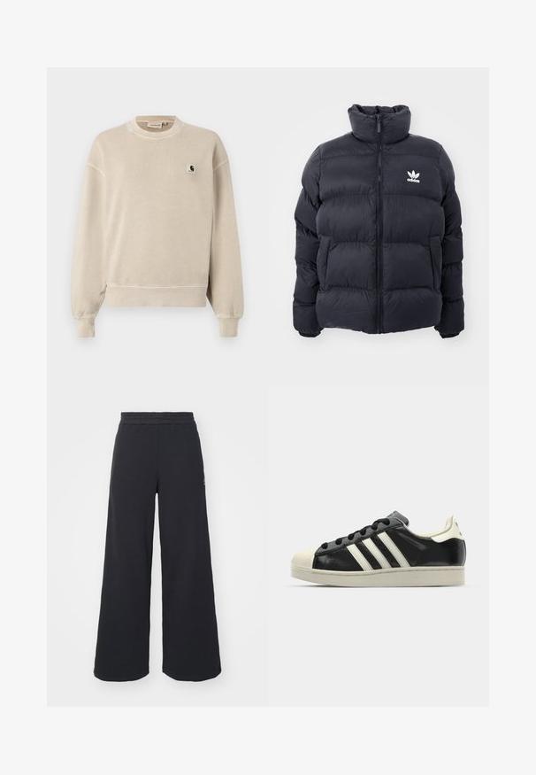 Giacca puffer blu navy con colletto alto, chiusura con zip e logo Adidas bianco sul petto. Presenta pannelli cuciti e una texture liscia e lucida.; Felpa beige con colletto rotondo, maniche lunghe, polsini e orlo a costine. Presenta un piccolo logo ricamato sul lato sinistro del petto. Tessuto morbido e rilassato.; Pantaloni felpati neri a gamba larga realizzati in tessuto morbido, con un elastico in vita e un piccolo logo sul lato sinistro.; Sneaker in pelle nera con strisce bianche, punta in gomma, lacci neri e suola di colore crema. Texture liscia con finitura brillante.