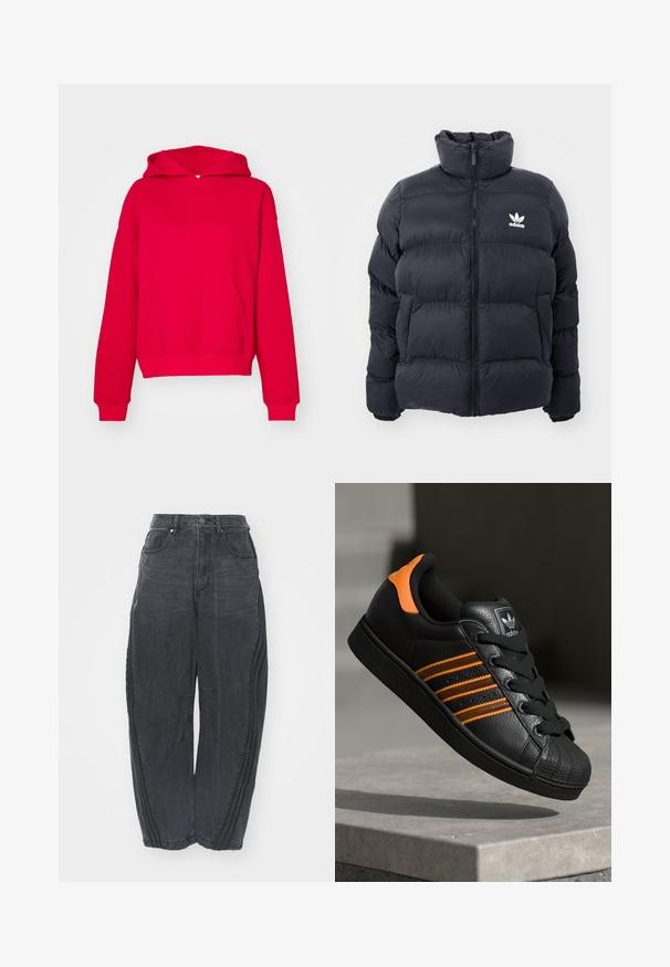 Navy puffer jacket with high collar, zip closure, and white Adidas logo on the chest. Features stitched panels and a smooth, shiny texture.; Gina Tricot BASIC ORIGINAL HOODIE - Sweatshirt - lollipop; Baggy black denim jeans with a faded finish, five pockets, a waist button closure, and stitched detailing on the front and sides.; Black sneaker with orange accents, three horizontal stripes, textured leather upper, rubber toe cap, and black laces.