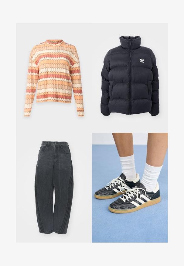 Jūrinės spalvos pūkinė striukė su aukštu apykakle, užtrauktuku ir baltu Adidas logotipu ant krūtinės. Yra siūti šoniniai panelei ir lygus, blizgus paviršius.; Tekstūruotas megztinis su aukštu kaklu, puoštas geometriniu raštu persikų, grietinėlės ir rudų atspalvių. Ilgos rankovės su raukšlėmis ant riešų.; Palaidi juodi džinsai su išblukusiu paviršiumi, penkios kišenės, užsegimas liemeniui mygtuku ir siuvinėtos detalės priekyje bei šonuose.; Juodos odinės sportbačiai su baltais dryžiais, apvalia nosimi, baltais raišteliais ir guminiu padu. Pabrėžti paminkštinta apykakle ir prekių ženklų detalėmis.