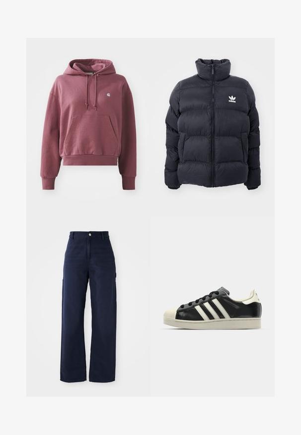 Marineblå pufferjakke med høy krage, glidelås og hvit Adidas-logo på brystet. Har sømmerte paneler og en glatt, blank tekstur.; Burgunderfarget hettegenser laget av bomullsblanding, med en frontlomme, justerbar snor i hetten og ribbestrikkede mansjetter og for. Liten logo på brystet.; Marineblå vide bukser med cargo-design laget av solid bomullsstoff, med sidelommer og knappelukking i midjen.; Svarte skinnsneakers med hvite striper, gummitopp, svarte lisser og en kremfarget såle. Glatt tekstur med blank finish.